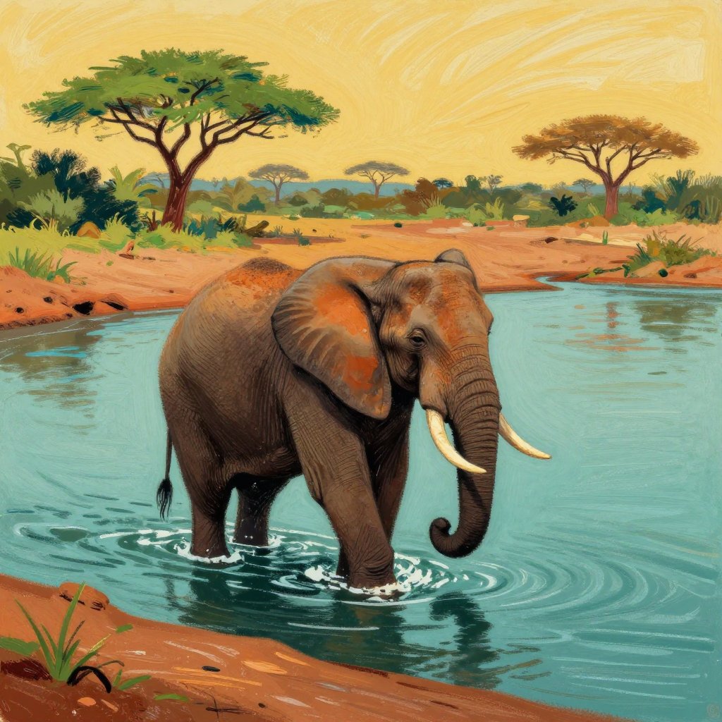 An elephant wading through a Kafue river channel, floodplains and acacia trees in the distance, peaceful and confident