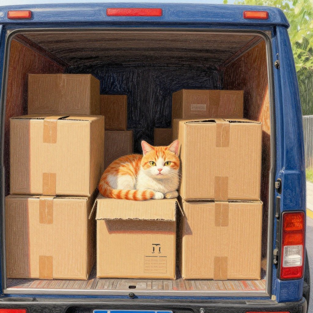 A cat curled up among cardboard boxes in the back of a delivery truck, cozy and unaware, warm light from a small gap