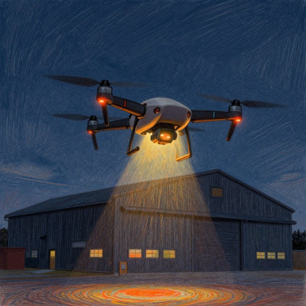 A thermal drone flying over a large dark warehouse building at night, its screen showing a small warm dot inside, tense and hopeful