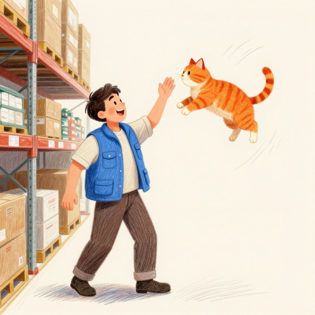 A man in a work vest catching a leaping orange cat in a warehouse corridor, joy on both their faces