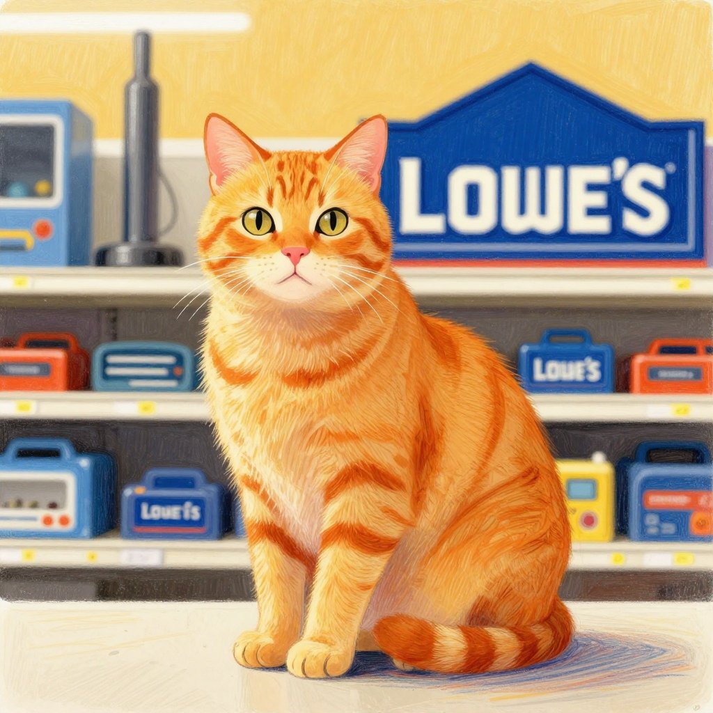 Francine the orange tabby cat sitting regally on a Lowe's store shelf