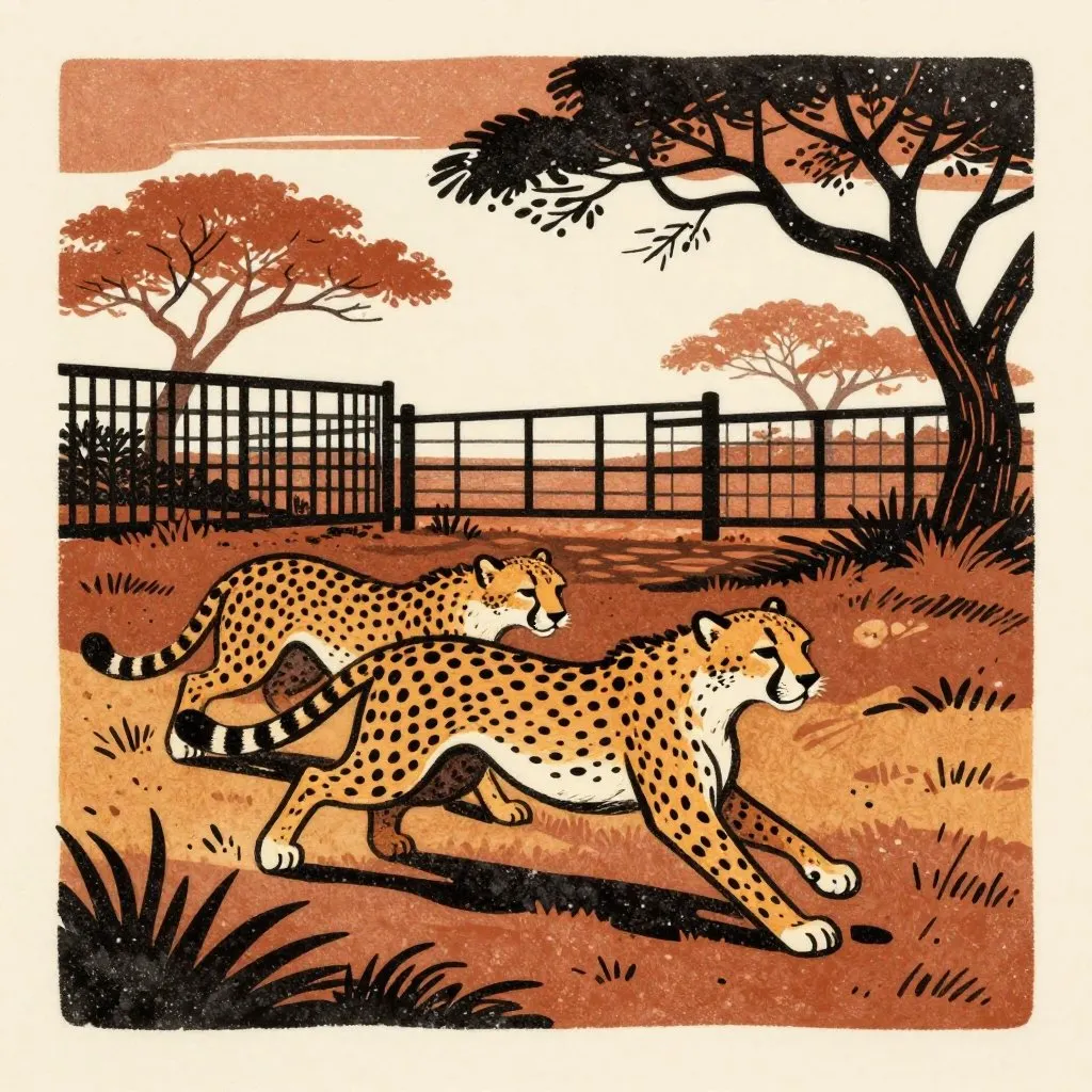 Three cheetahs in an outdoor enclosure, the youngest one weaving through the others in a playful run, morning light through acacia branches casting bold shadow patterns