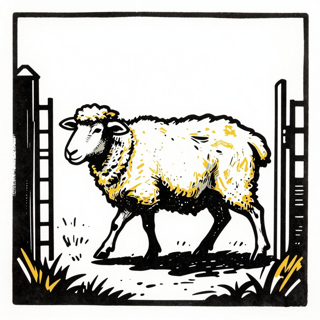 A sheep walking through a gate into an open enclosure, bold confident posture, simple background, purposeful