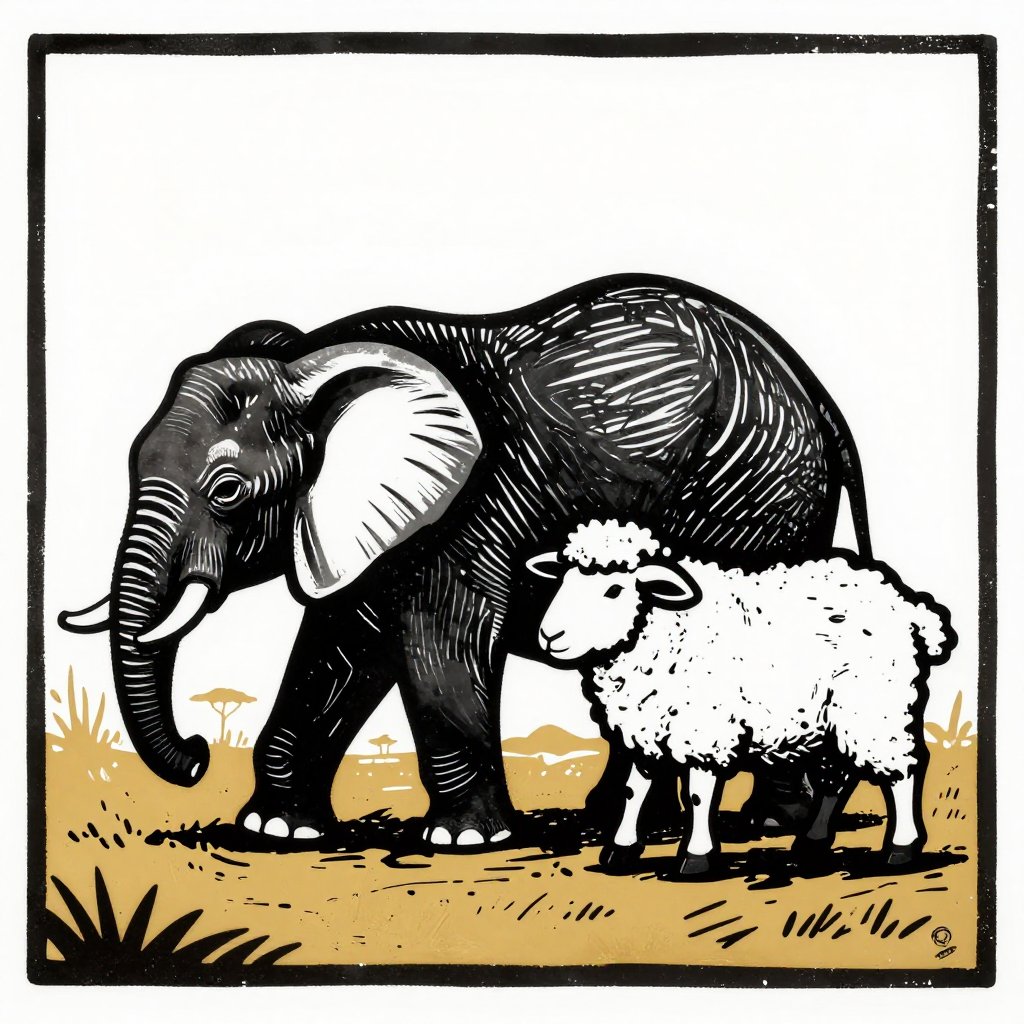 A baby elephant and a sheep walking side by side across a wide open enclosure, identical pace, quiet bond