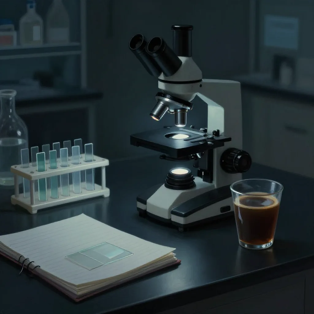 A microscope slide catching light in a dim laboratory