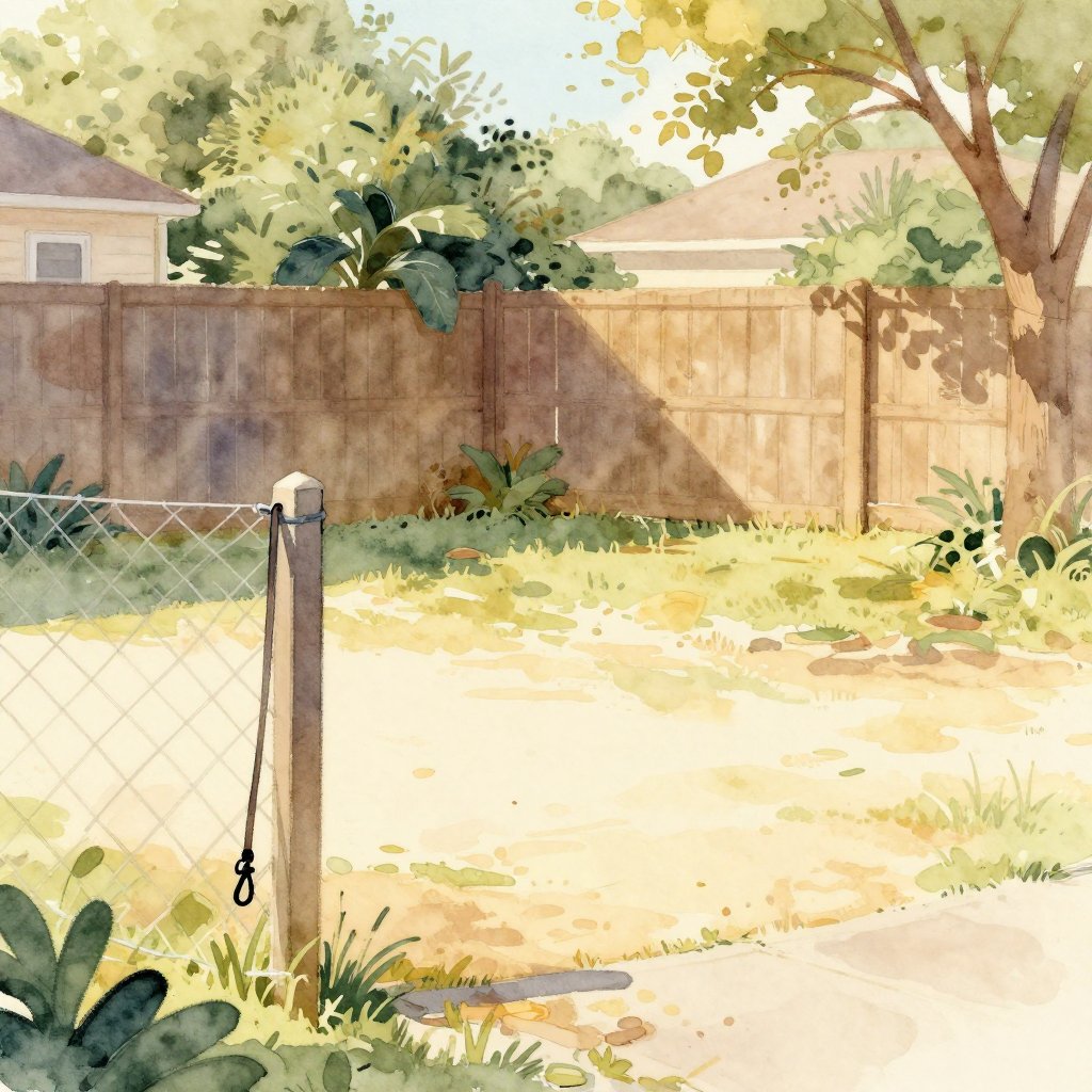 An empty sunny backyard in Texas with a leash hanging on a fence post