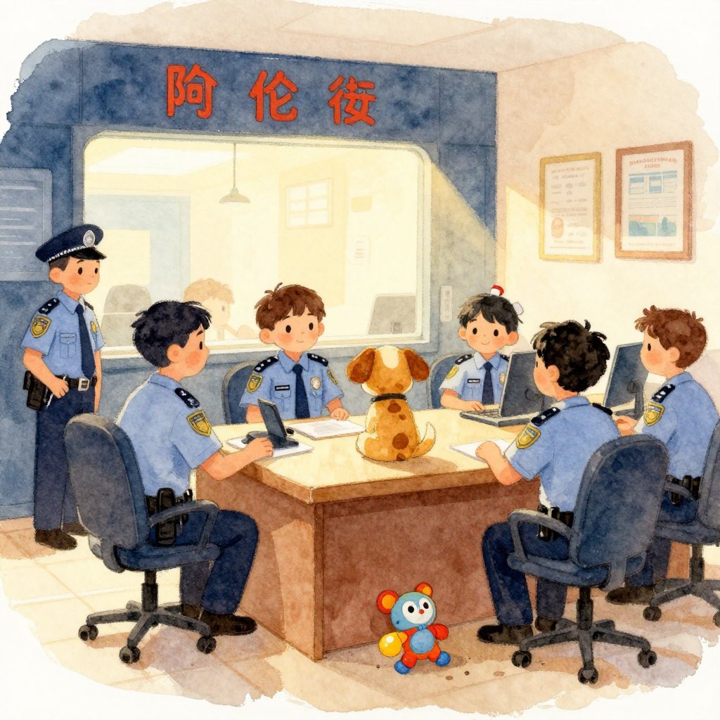 A small dog sitting on a desk in a police dispatch room surrounded by officers, a squeaky toy nearby