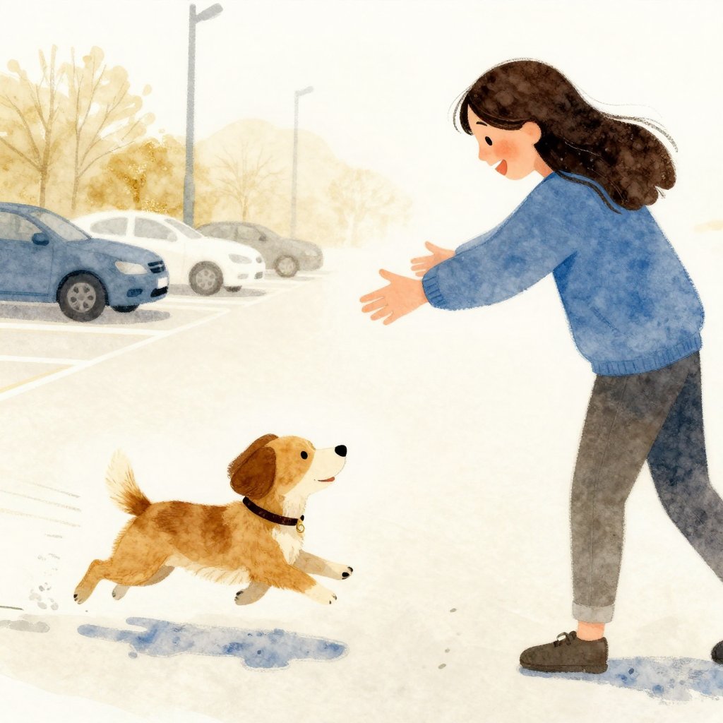 A small dog sprinting toward a woman's outstretched arms in a parking lot, motion blur on the dog's legs, pure joy on both their faces