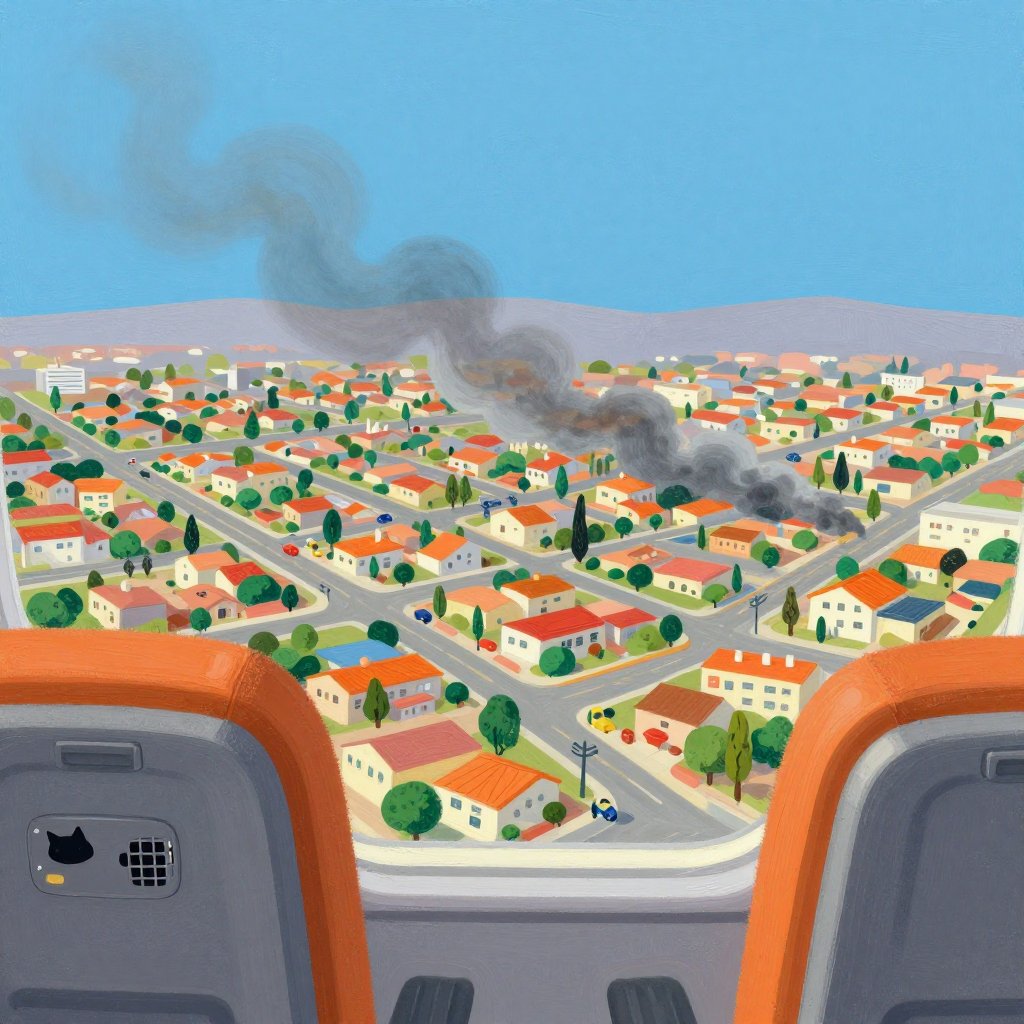 Aerial view from inside the plane looking down at an LA neighborhood, smoke behind and clear sky ahead, a cat carrier visible in the seat