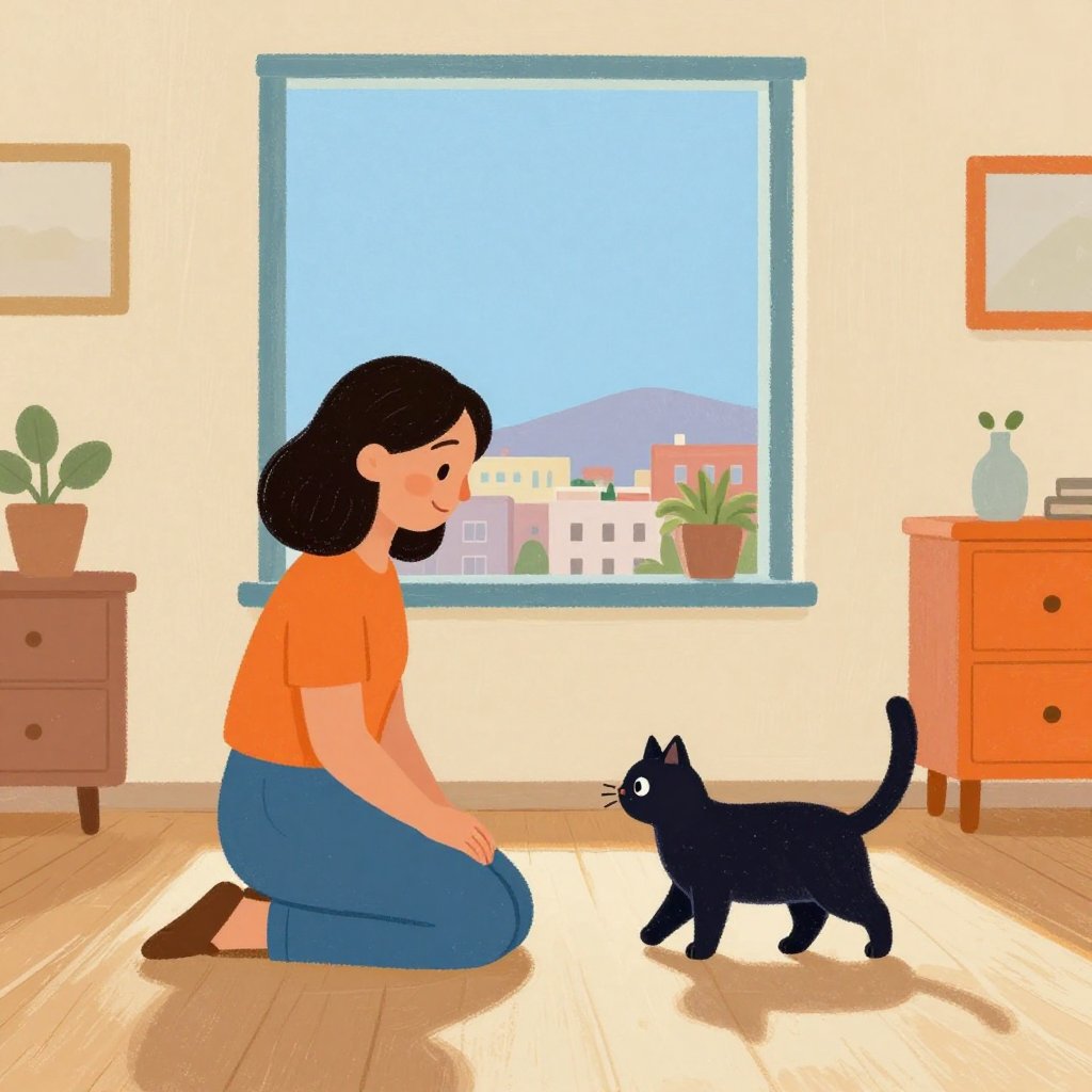 A woman kneeling on the floor of a bright apartment, a cat cautiously stepping toward her for the first time, Salt Lake City visible through a window