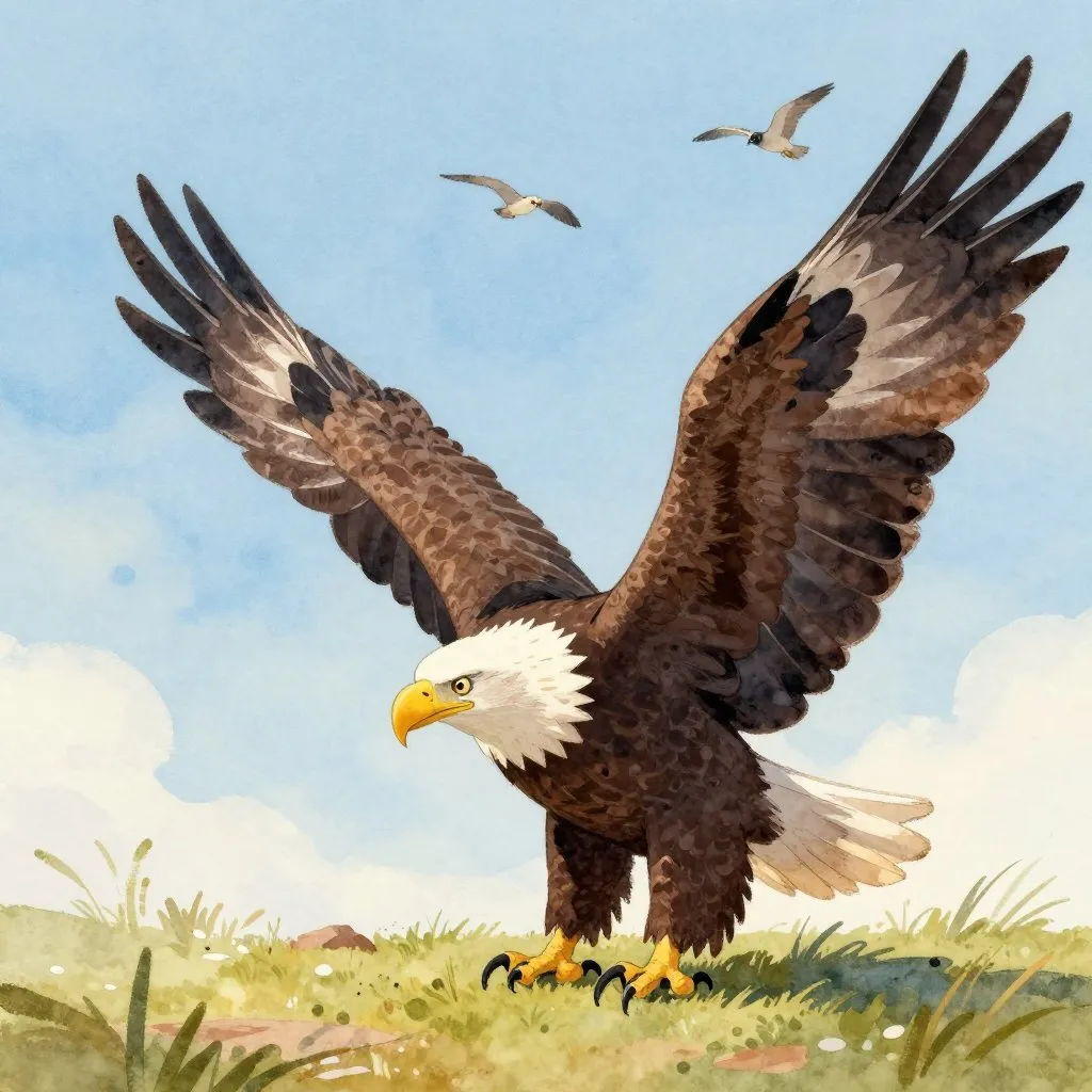 A bald eagle stretching its wings in an enclosure, one wing spread wide and the other not quite right, while wild birds soar overhead