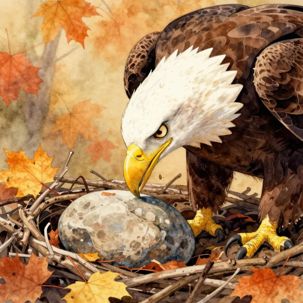 A bald eagle gently nudging a smooth round rock on the ground with his beak, treating it with the care of a real egg
