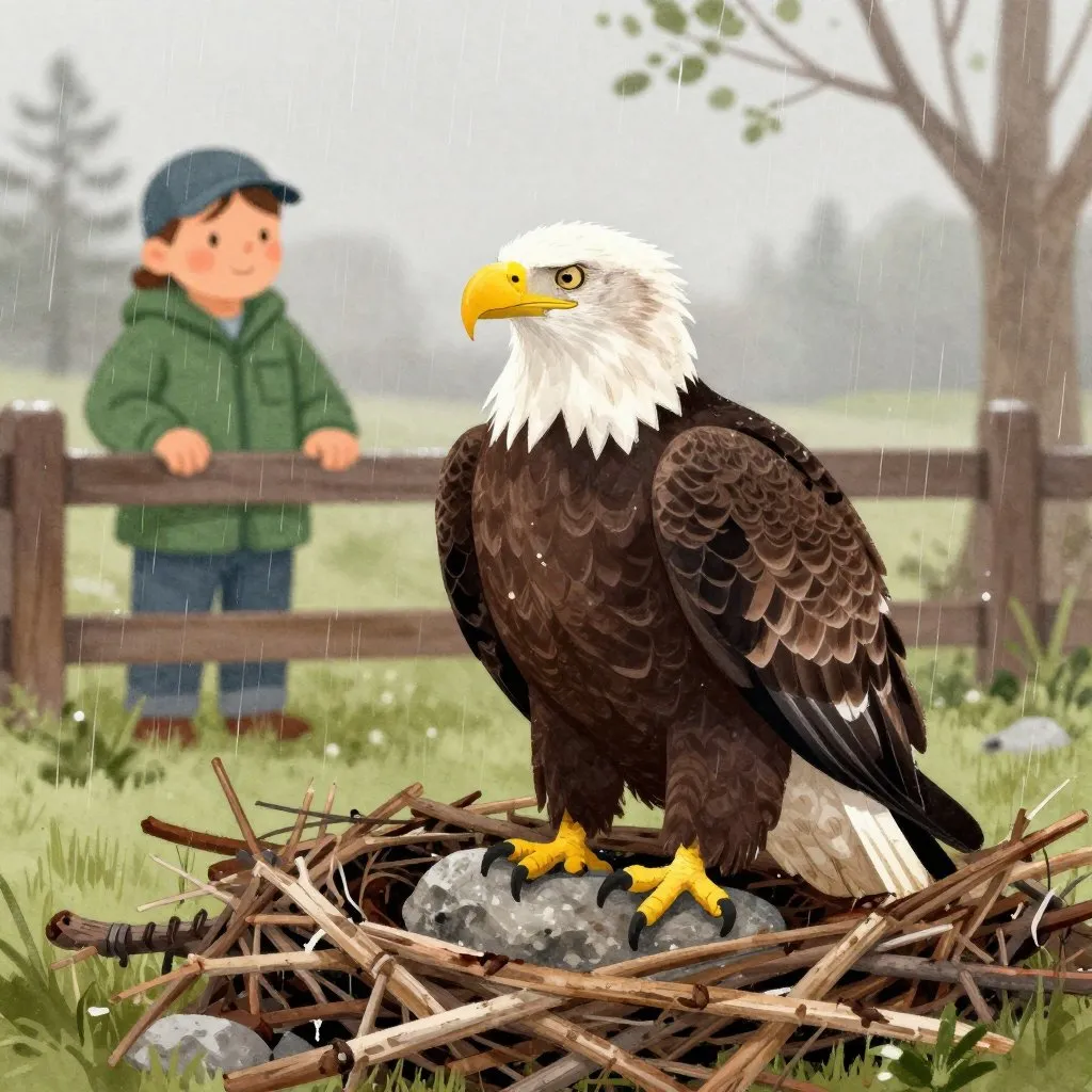 A bald eagle sitting patiently on a rock in a nest, feathers fluffed up against the cold wind, standing guard