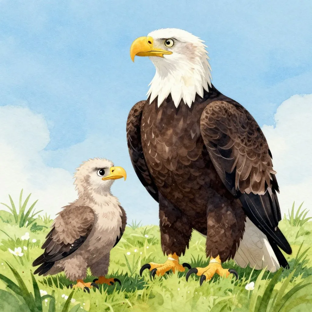 A bald eagle standing tall and fierce next to a growing eaglet with dark feathers, protectively watching over it