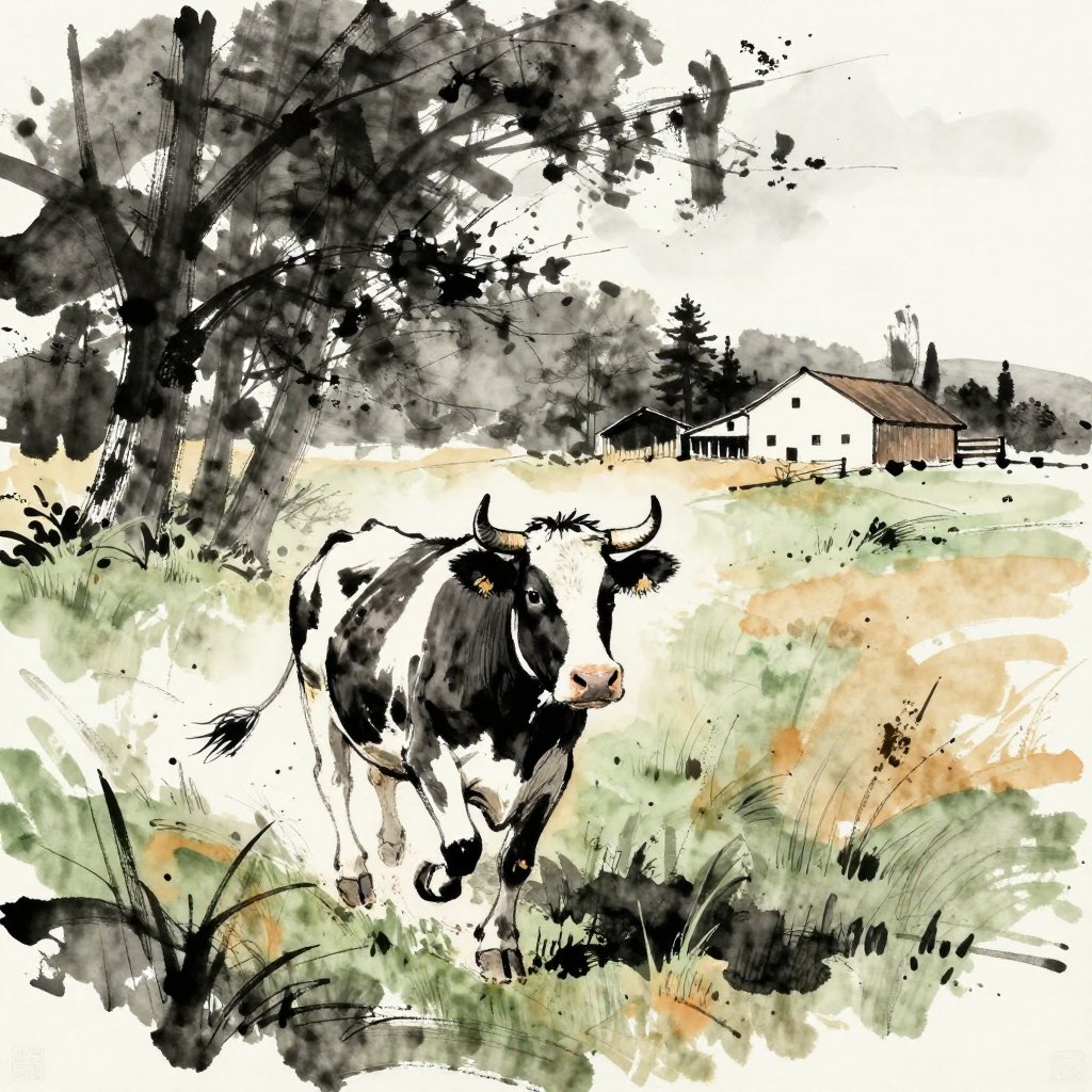 A cow running toward a treeline while farm buildings fade into the background, motion and urgency