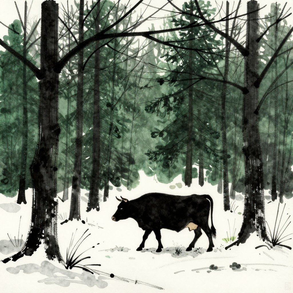A lone cow moving through dense winter woods, frost on the ground, bare branches overhead, solitary and quiet