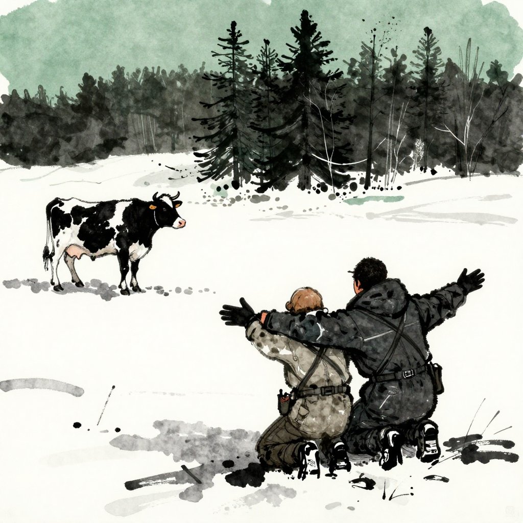 Two rescuers crouching in a snowy field, arms open, watching a cow watching them from a distance, patient standoff
