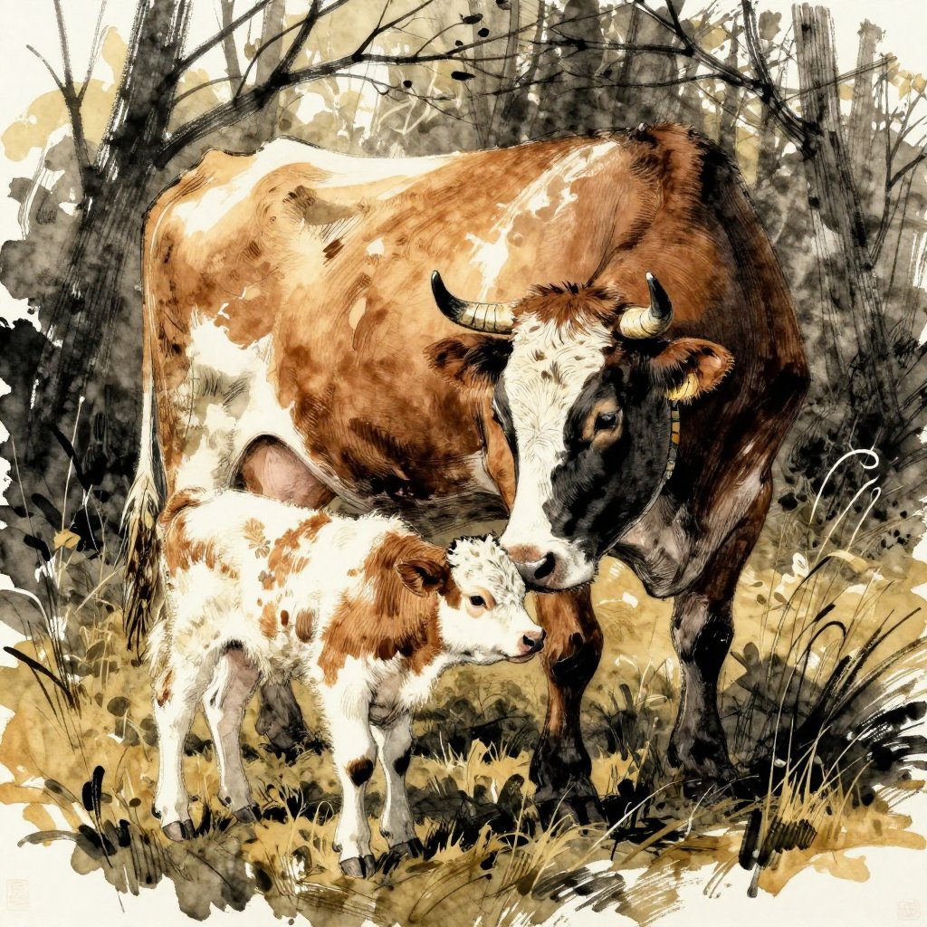 A cow nuzzling a small calf in a dim forest clearing, tender and bittersweet, soft light filtering through bare branches