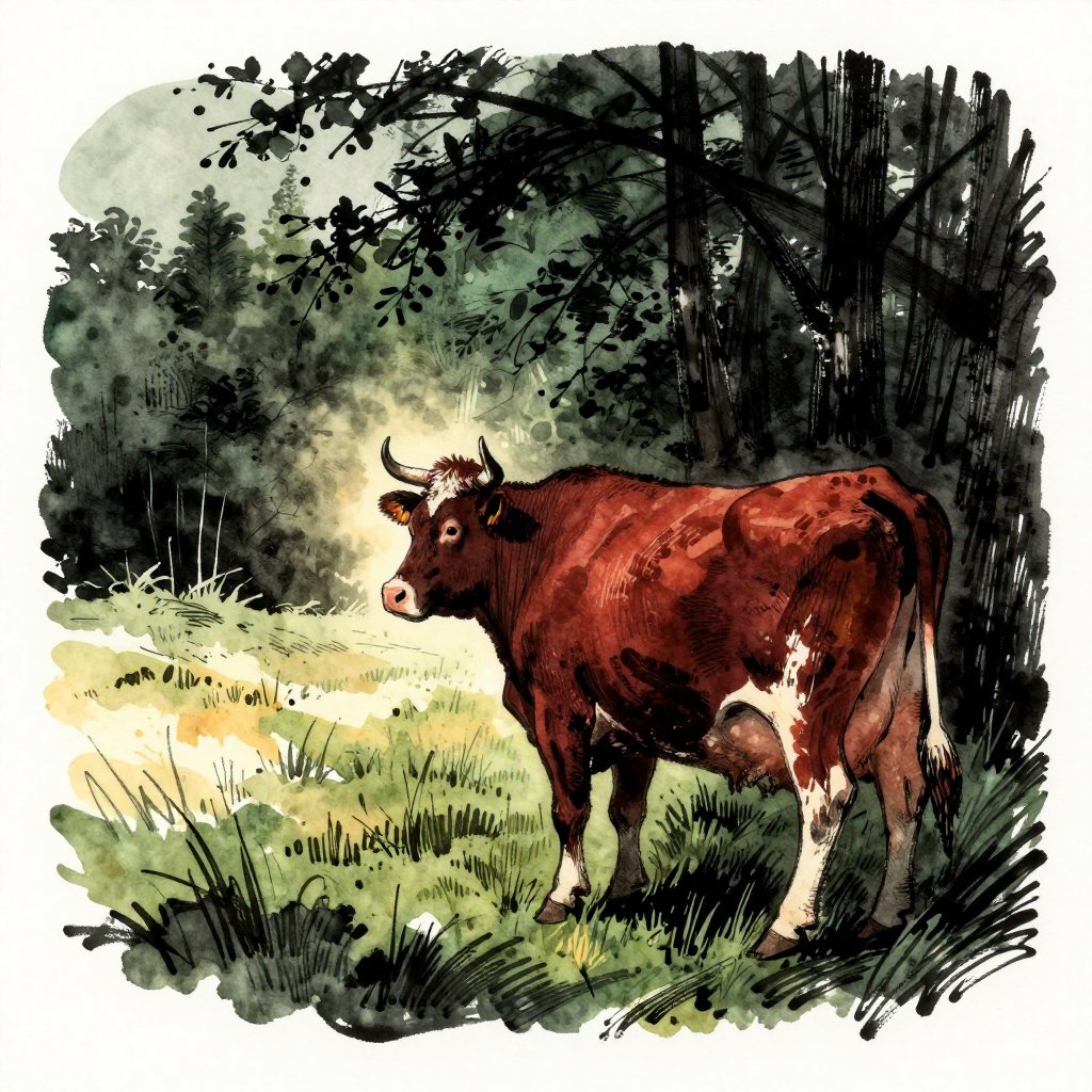 Olive the cow standing at the edge of a dark forest, looking back toward an open field