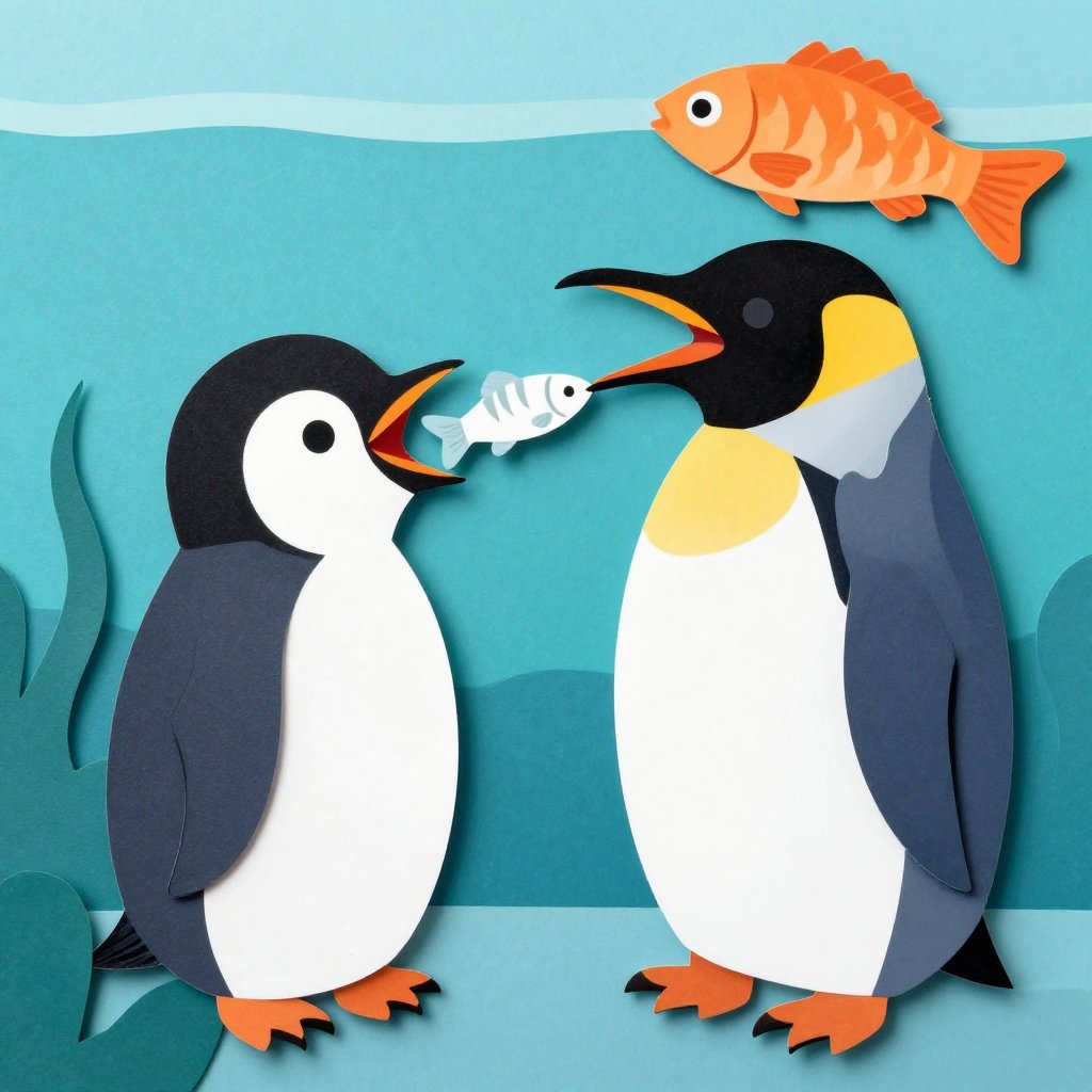 A penguin chick with a wide-open beak being fed a fish by an aquarium keeper