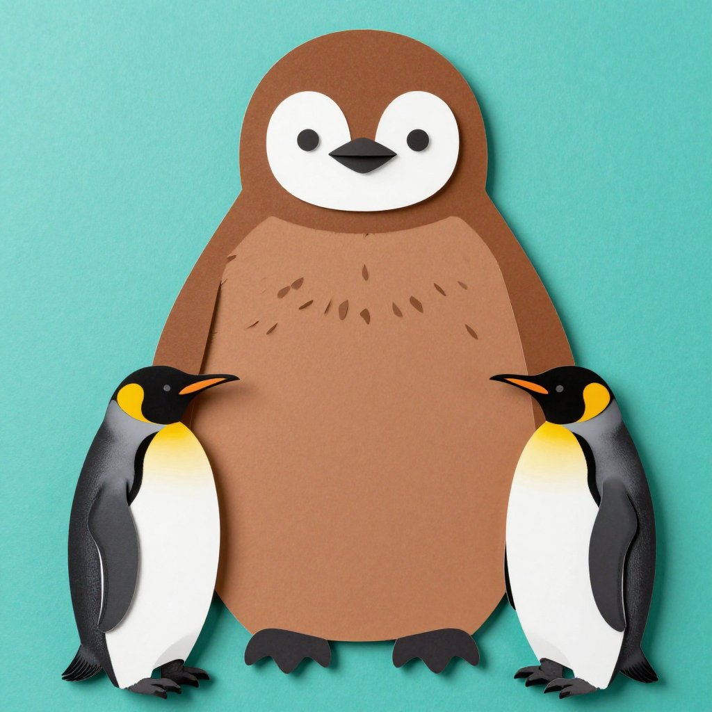 A huge fluffy brown penguin chick towering over two adult king penguins, scale comparison dramatic