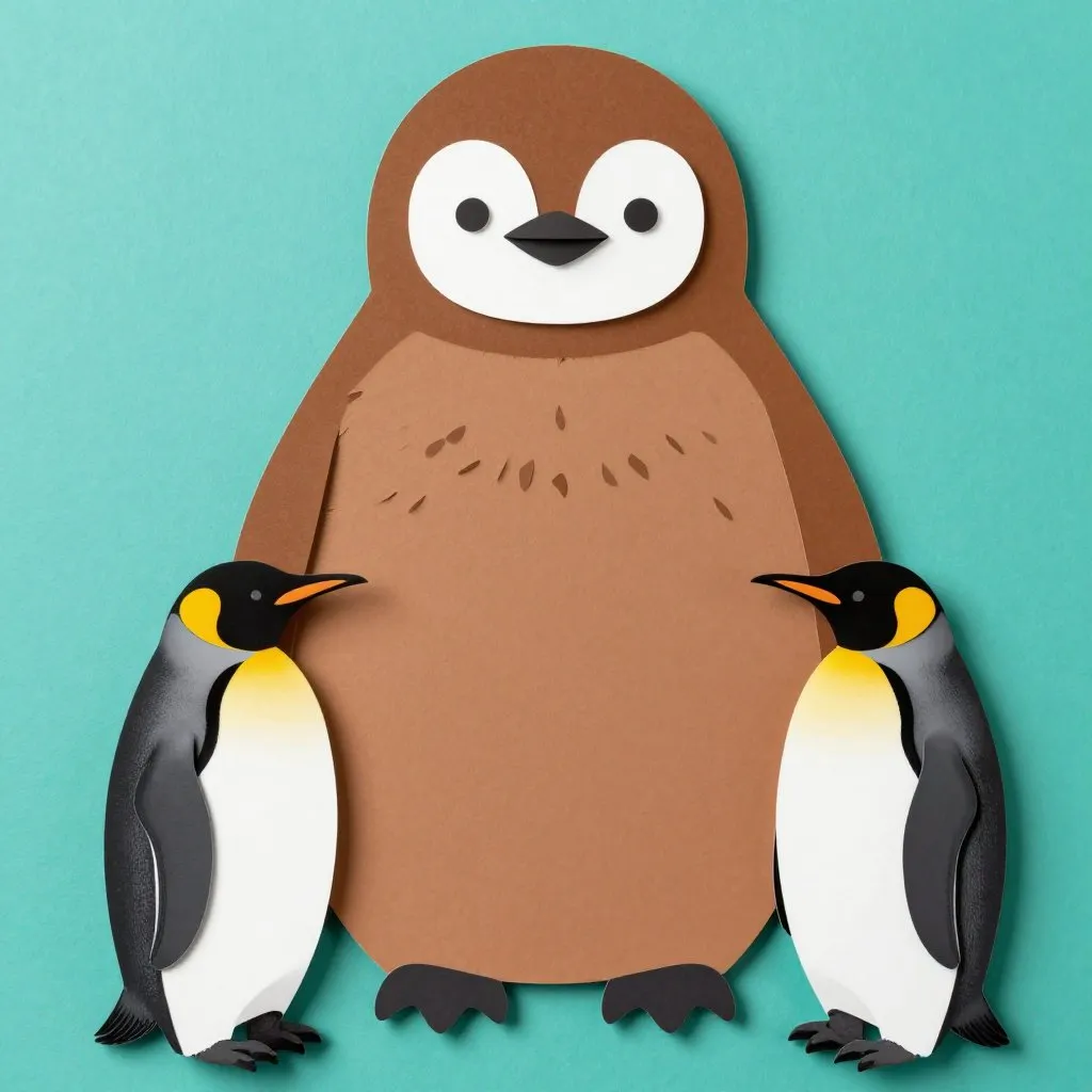 A huge fluffy brown penguin chick towering over two adult king penguins, scale comparison dramatic
