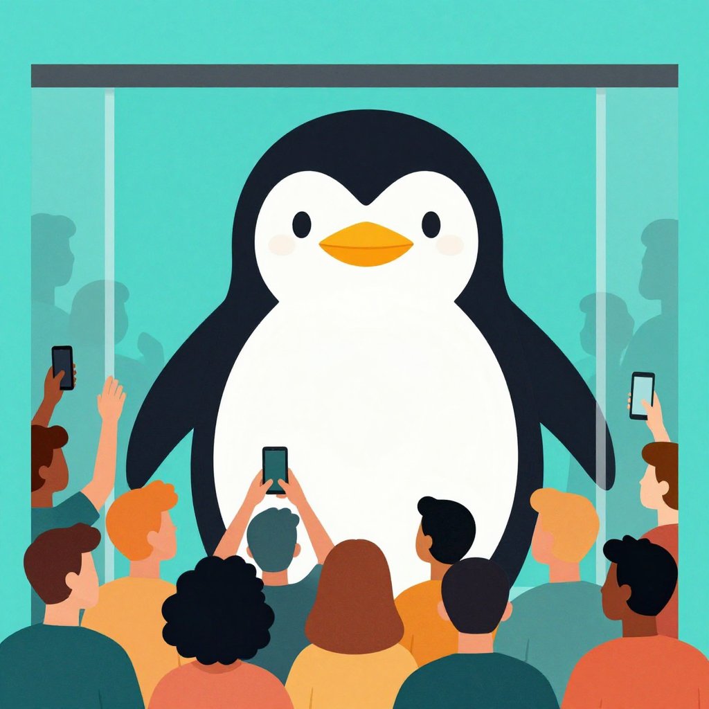 A crowd of people watching a giant fluffy penguin from behind a glass panel, phones raised, joy on their faces