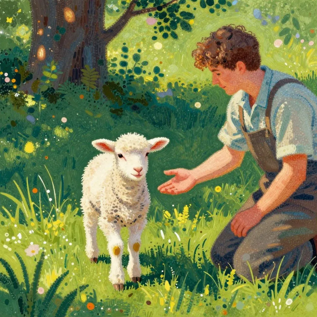 A young lamb walking directly toward a sanctuary worker who is kneeling in the grass with an outstretched hand, bold and engaged mood, dappled light through trees