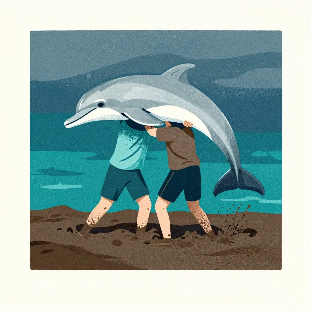 Two people struggling through knee-deep dark mud, together lifting a dolphin by its body and tail toward the water, physical effort visible in their posture, cold grey light