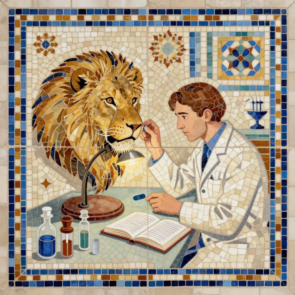 A scientist in a museum workroom examining a lion mount under a lamp, notebooks and sample vials nearby, quiet and methodical