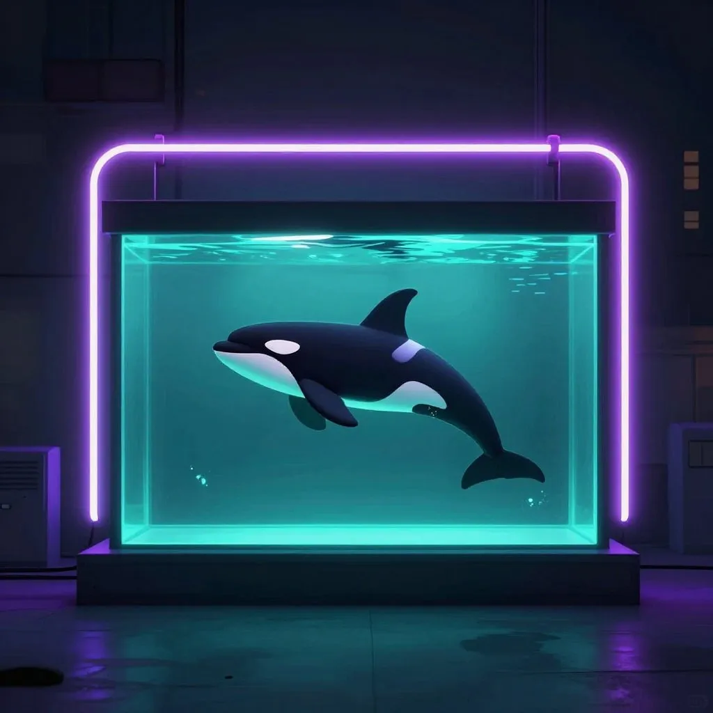 A lone orca swimming in a small rectangular tank, the tank walls glowing faintly, the water flat and contained