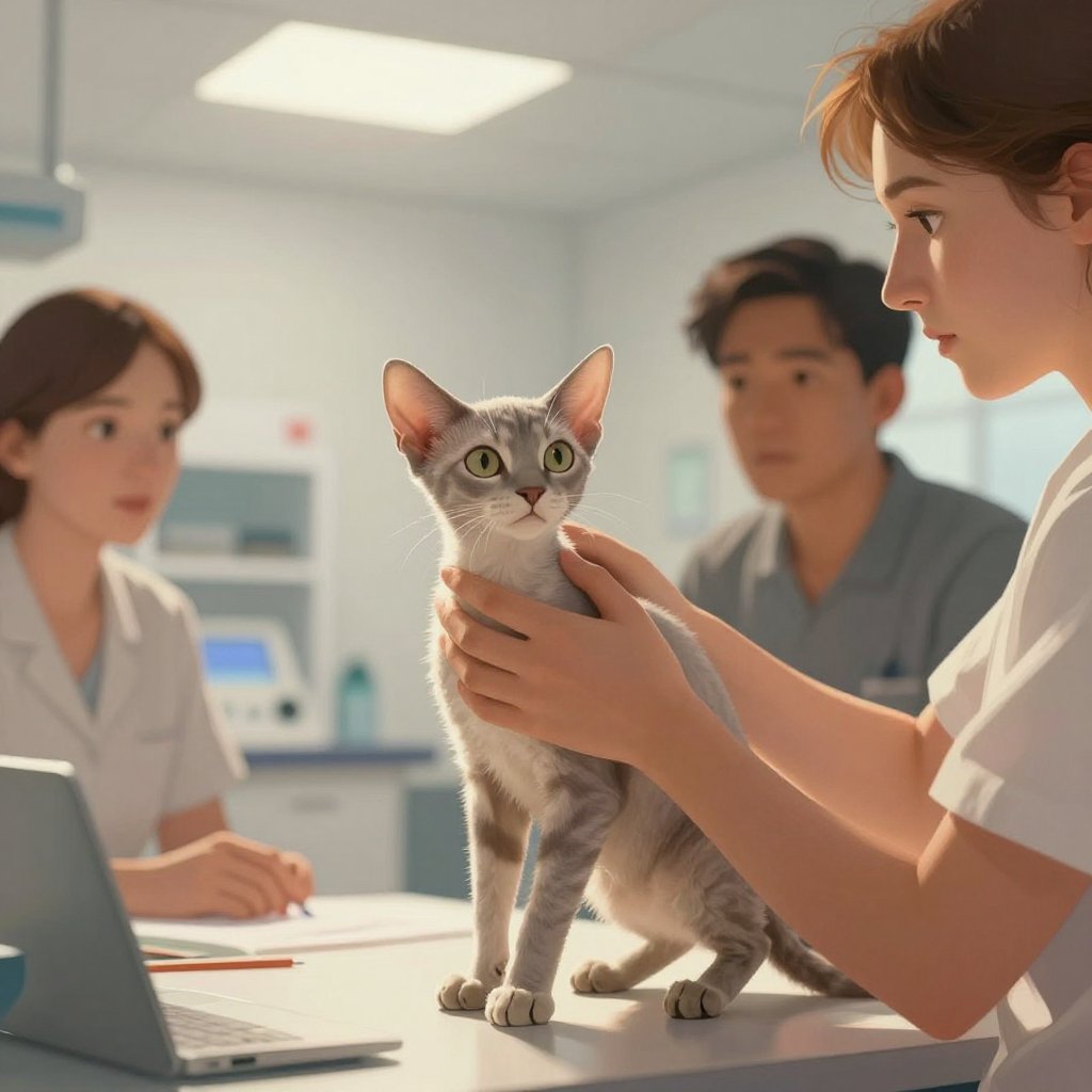 A very thin cat being gently lifted by careful hands in a bright Minnesota facility, concerned and gentle faces around her