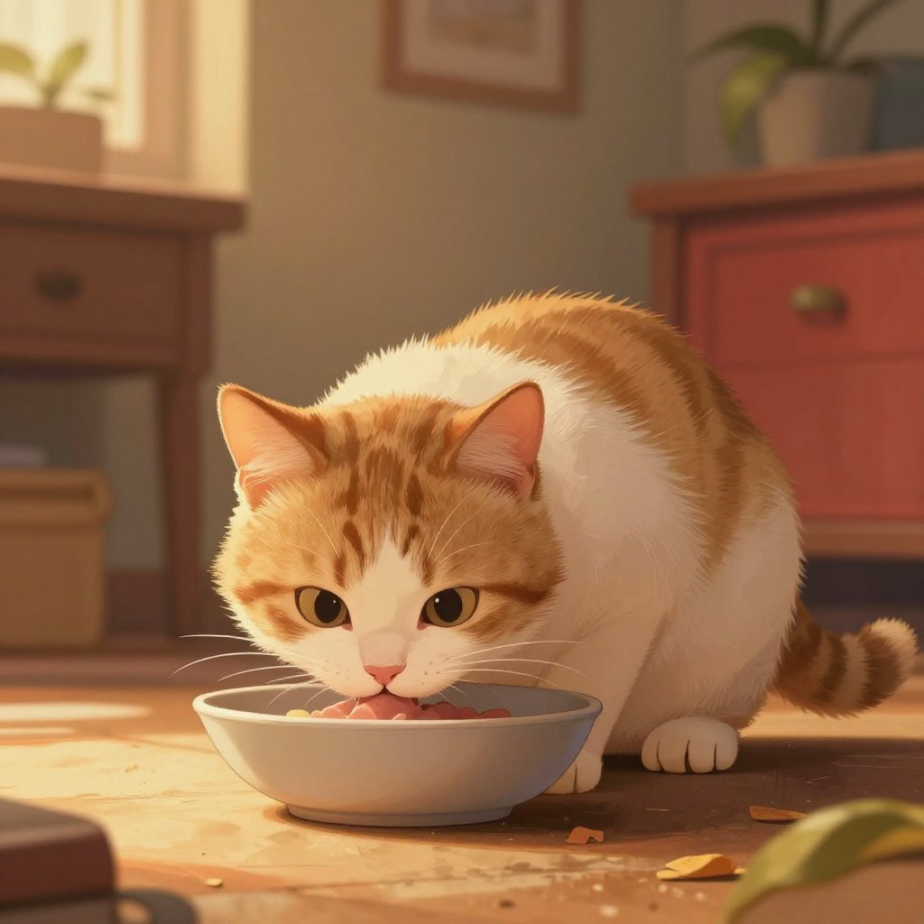 A small recovering cat eating carefully from a bowl, slowly gaining strength, cozy home setting, warm light