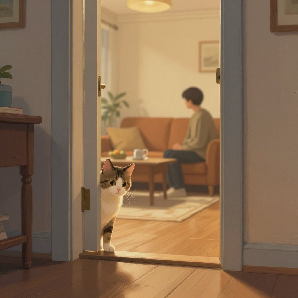 A small cat peeking around the corner of a doorframe into a warmly lit living room, curious and cautious, a person sitting quietly nearby