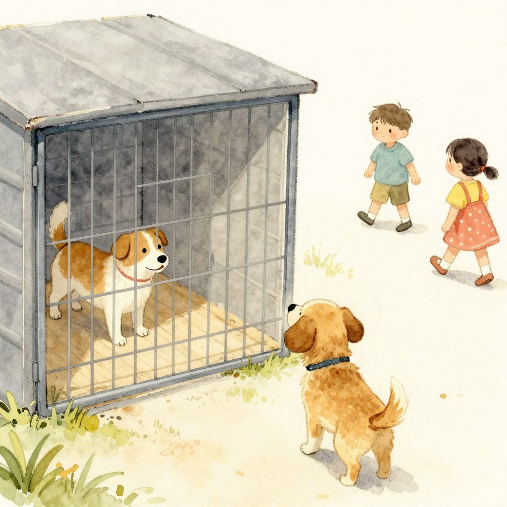 A dog watching visitors walk past his kennel, friendly expression, someone pausing to look but moving on, gentle and bittersweet
