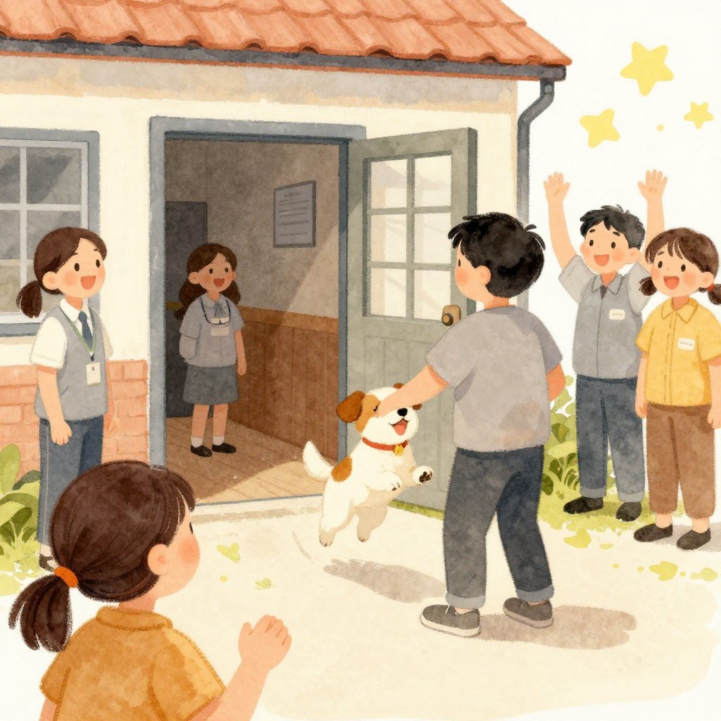 A dog leaping into the arms of a smiling person at a shelter exit, other staff members watching and cheering, pure joy