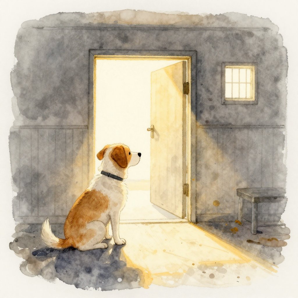 A dog sitting in a shaft of warm golden light inside a shelter kennel